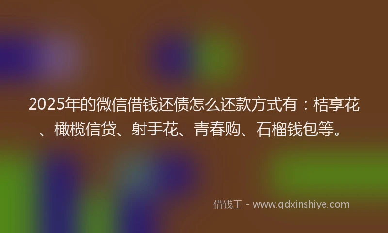 2025年的微信借钱还债怎么还款方式有：桔享花、橄榄信贷、射手花、青春购、石榴钱包等。