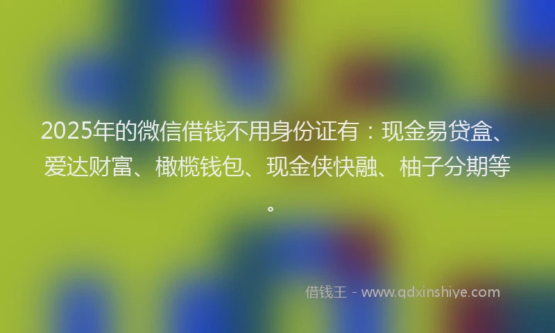 2025年的微信借钱不用身份证有：现金易贷盒、爱达财富、橄榄钱包、现金侠快融、柚子分期等。