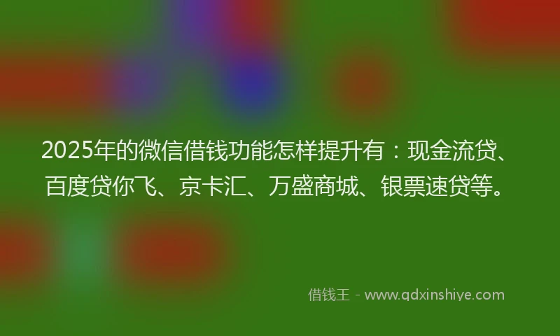 2025年的微信借钱功能怎样提升有：现金流贷、百度贷你飞、京卡汇、万盛商城、银票速贷等。