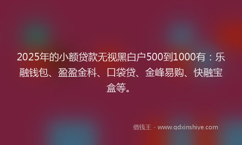 2025年的小额贷款无视黑白户500到1000有：乐融钱包、盈盈金科、口袋贷、金峰易购、快融宝盒等。