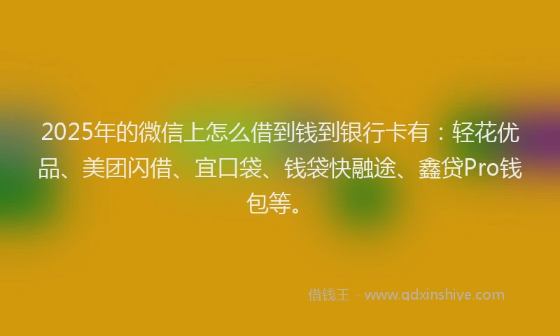 2025年的微信上怎么借到钱到银行卡有：轻花优品、美团闪借、宜口袋、钱袋快融途、鑫贷Pro钱包等。