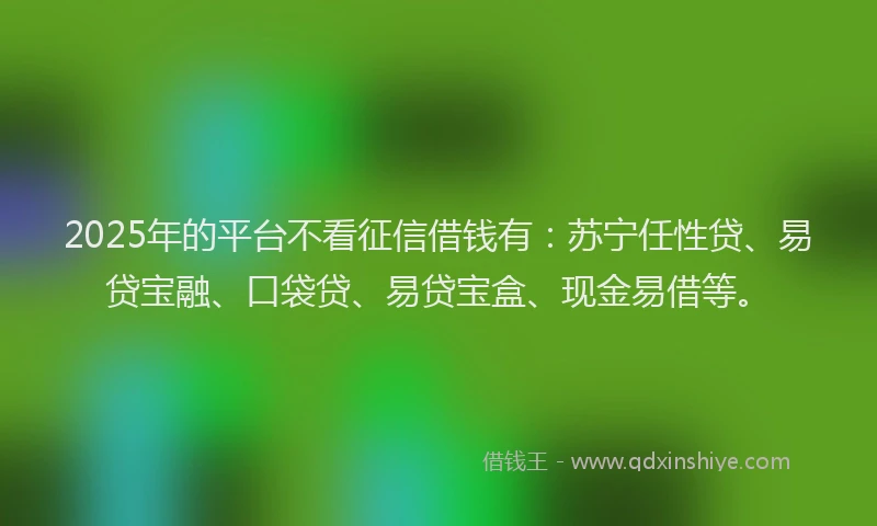 2025年的平台不看征信借钱有：苏宁任性贷、易贷宝融、口袋贷、易贷宝盒、现金易借等。