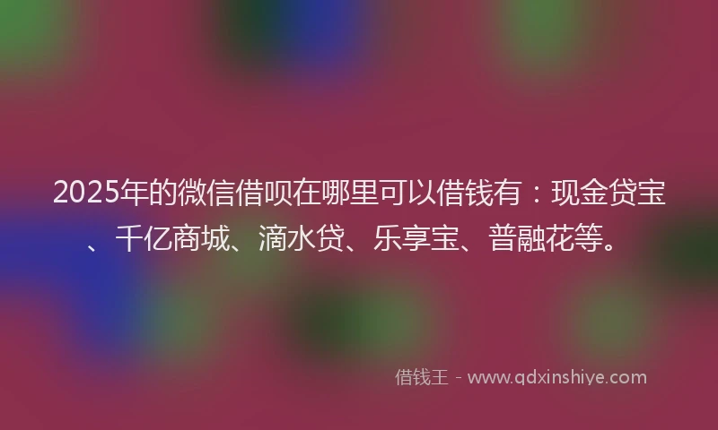 2025年的微信借呗在哪里可以借钱有：现金贷宝、千亿商城、滴水贷、乐享宝、普融花等。