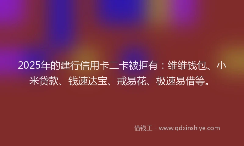 2025年的建行信用卡二卡被拒有：维维钱包、小米贷款、钱速达宝、戒易花、极速易借等。