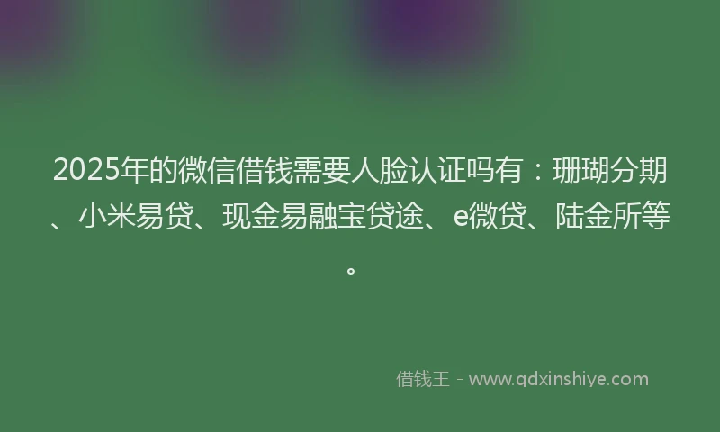 2025年的微信借钱需要人脸认证吗有：珊瑚分期、小米易贷、现金易融宝贷途、e微贷、陆金所等。