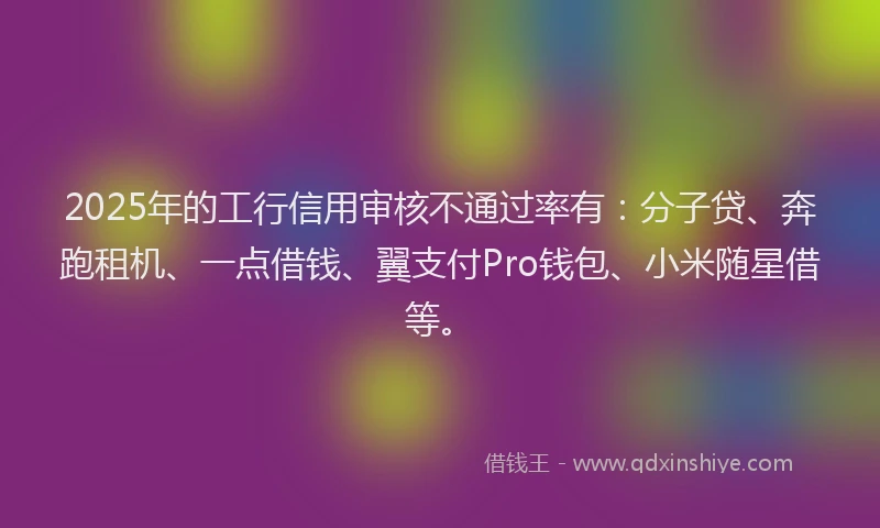 2025年的工行信用审核不通过率有：分子贷、奔跑租机、一点借钱、翼支付Pro钱包、小米随星借等。