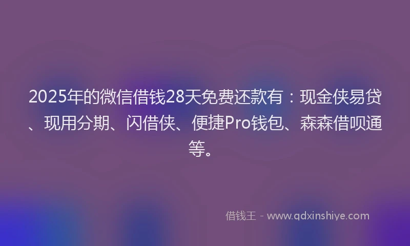 2025年的微信借钱28天免费还款有：现金侠易贷、现用分期、闪借侠、便捷Pro钱包、森森借呗通等。