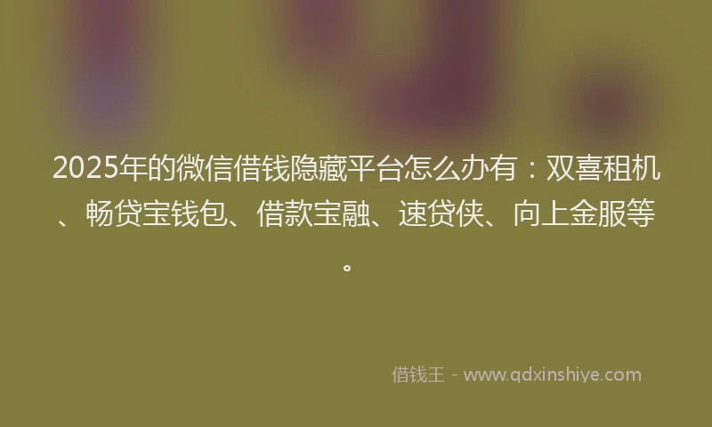 2025年的微信借钱隐藏平台怎么办有：双喜租机、畅贷宝钱包、借款宝融、速贷侠、向上金服等。