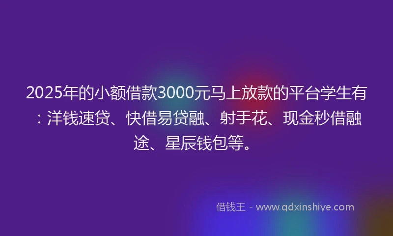 2025年的小额借款3000元马上放款的平台学生有：洋钱速贷、快借易贷融、射手花、现金秒借融途、星辰钱包等。