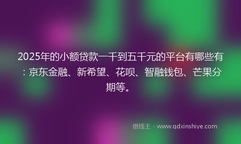 2025年的小额贷款一千到五千元的平台有哪些有：京东金融、新希望、花呗、智融钱包、芒果分期等。