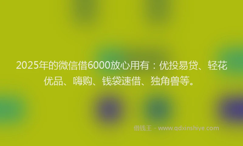 2025年的微信借6000放心用有：优投易贷、轻花优品、嗨购、钱袋速借、独角兽等。