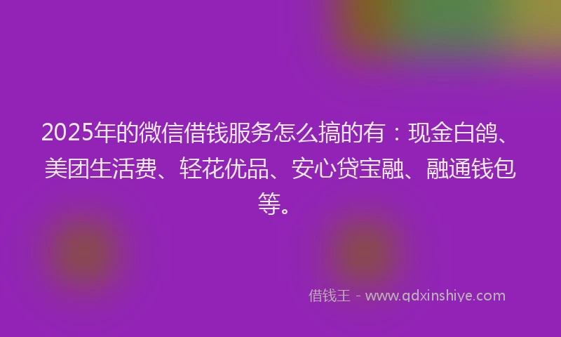 2025年的微信借钱服务怎么搞的有：现金白鸽、美团生活费、轻花优品、安心贷宝融、融通钱包等。