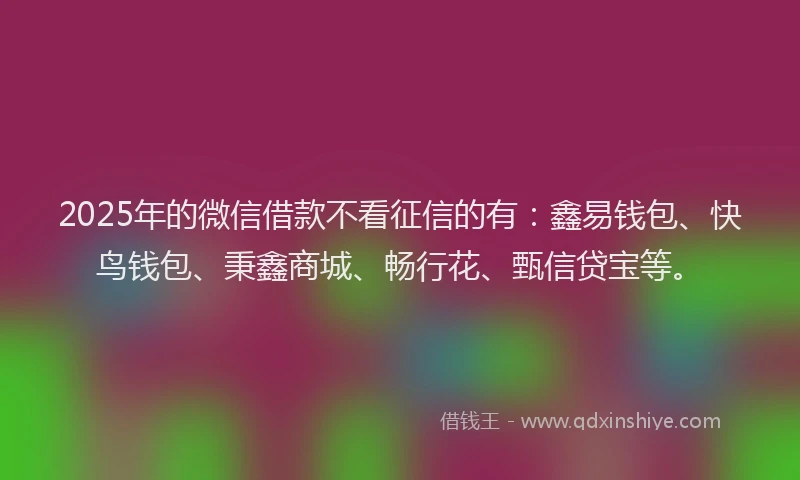 2025年的微信借款不看征信的有：鑫易钱包、快鸟钱包、秉鑫商城、畅行花、甄信贷宝等。