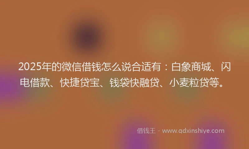 2025年的微信借钱怎么说合适有：白象商城、闪电借款、快捷贷宝、钱袋快融贷、小麦粒贷等。