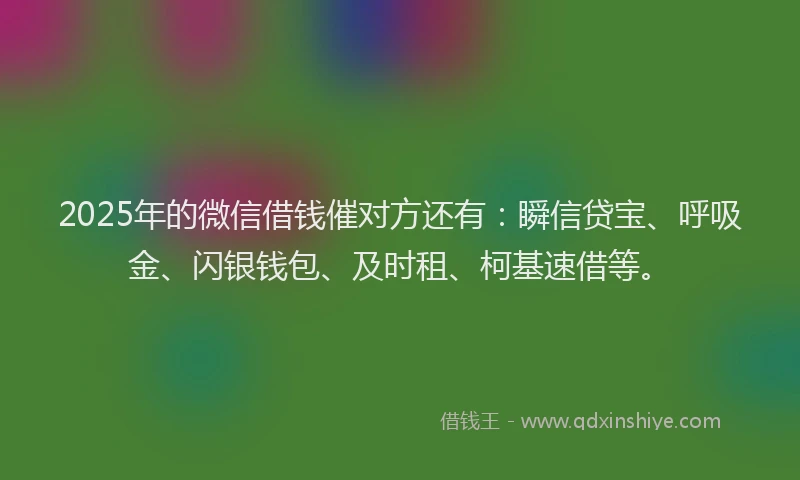 2025年的微信借钱催对方还有：瞬信贷宝、呼吸金、闪银钱包、及时租、柯基速借等。