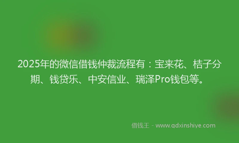 2025年的微信借钱仲裁流程有：宝来花、桔子分期、钱贷乐、中安信业、瑞泽Pro钱包等。