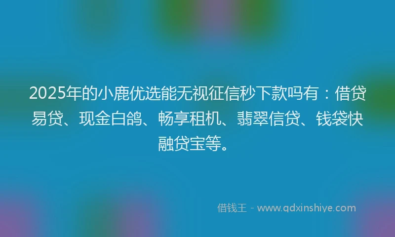 2025年的小鹿优选能无视征信秒下款吗有：借贷易贷、现金白鸽、畅享租机、翡翠信贷、钱袋快融贷宝等。