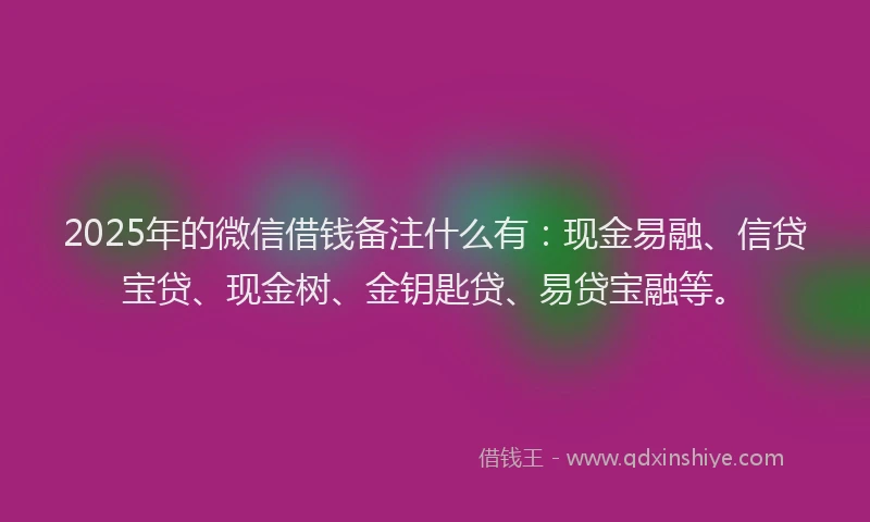 2025年的微信借钱备注什么有：现金易融、信贷宝贷、现金树、金钥匙贷、易贷宝融等。