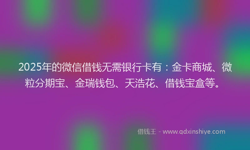 2025年的微信借钱无需银行卡有：金卡商城、微粒分期宝、金瑞钱包、天浩花、借钱宝盒等。