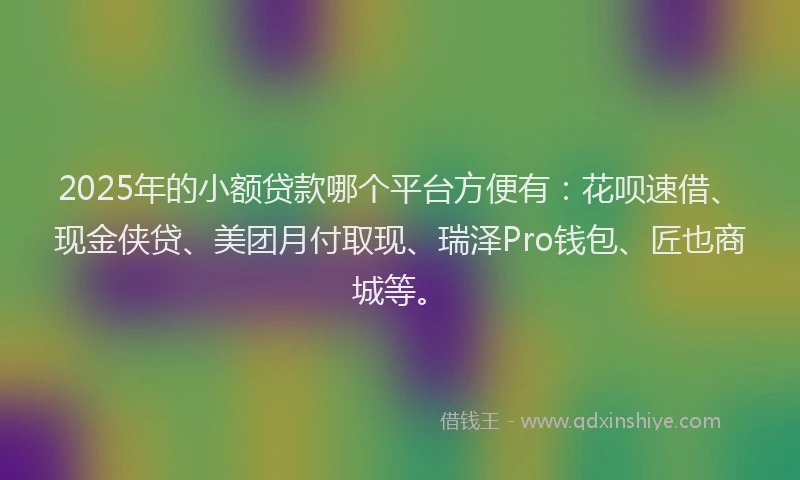 2025年的小额贷款哪个平台方便有：花呗速借、现金侠贷、美团月付取现、瑞泽Pro钱包、匠也商城等。