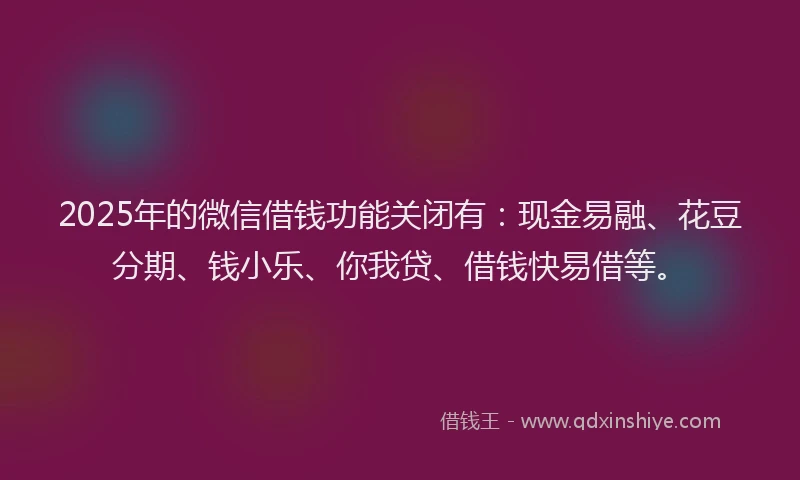 2025年的微信借钱功能关闭有：现金易融、花豆分期、钱小乐、你我贷、借钱快易借等。