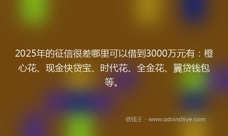 2025年的征信很差哪里可以借到3000万元有：橙心花、现金快贷宝、时代花、全金花、翼贷钱包等。