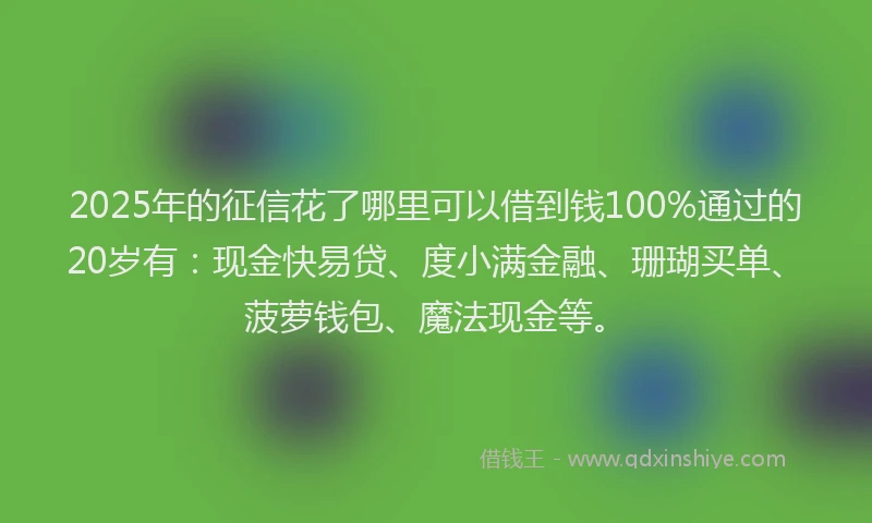 2025年的征信花了哪里可以借到钱100%通过的20岁有：现金快易贷、度小满金融、珊瑚买单、菠萝钱包、魔法现金等。