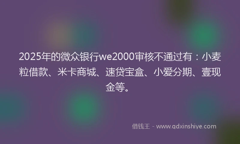 2025年的微众银行we2000审核不通过有：小麦粒借款、米卡商城、速贷宝盒、小爱分期、壹现金等。