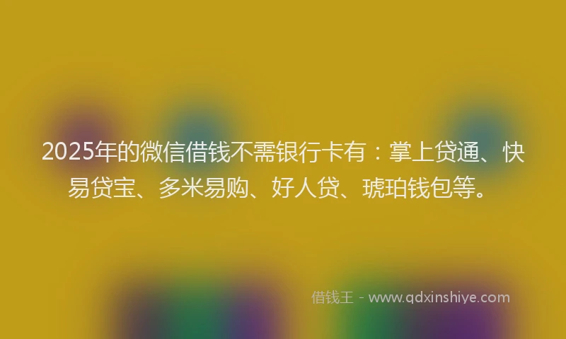 2025年的微信借钱不需银行卡有：掌上贷通、快易贷宝、多米易购、好人贷、琥珀钱包等。