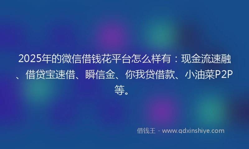 2025年的微信借钱花平台怎么样有：现金流速融、借贷宝速借、瞬信金、你我贷借款、小油菜P2P等。