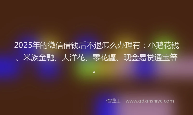 2025年的微信借钱后不退怎么办理有：小鹅花钱、米族金融、大洋花、零花罐、现金易贷通宝等。