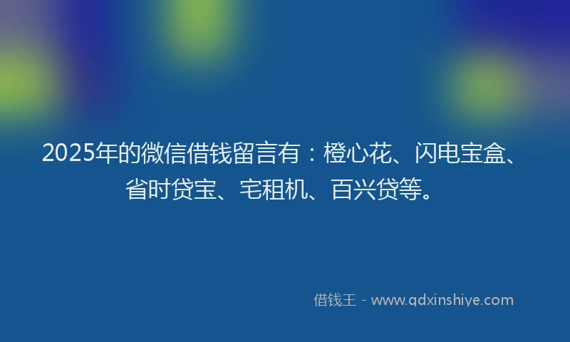 2025年的微信借钱留言有：橙心花、闪电宝盒、省时贷宝、宅租机、百兴贷等。
