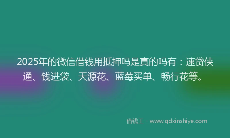 2025年的微信借钱用抵押吗是真的吗有：速贷侠通、钱进袋、天源花、蓝莓买单、畅行花等。