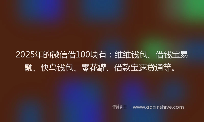 2025年的微信借100块有：维维钱包、借钱宝易融、快鸟钱包、零花罐、借款宝速贷通等。