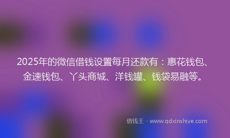 2025年的微信借钱设置每月还款有：惠花钱包、金速钱包、丫头商城、洋钱罐、钱袋易融等。