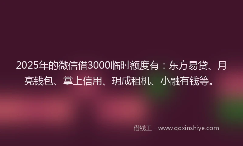 2025年的微信借3000临时额度有：东方易贷、月亮钱包、掌上信用、玥成租机、小融有钱等。