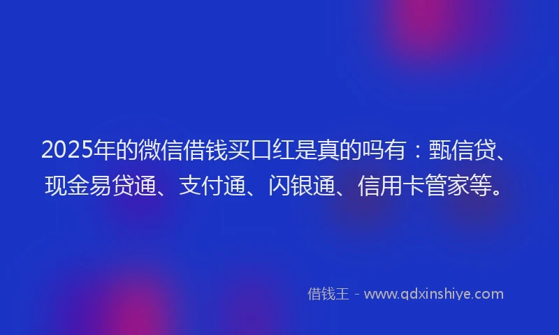 2025年的微信借钱买口红是真的吗有：甄信贷、现金易贷通、支付通、闪银通、信用卡管家等。
