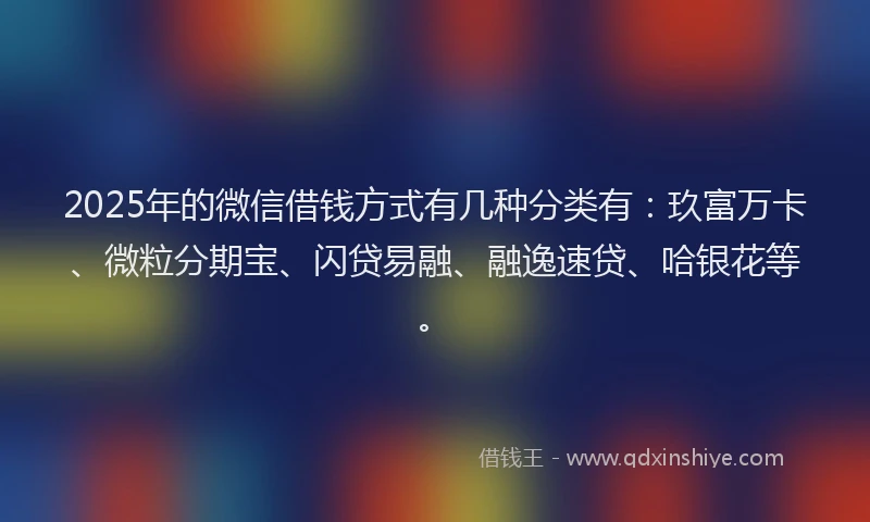2025年的微信借钱方式有几种分类有：玖富万卡、微粒分期宝、闪贷易融、融逸速贷、哈银花等。