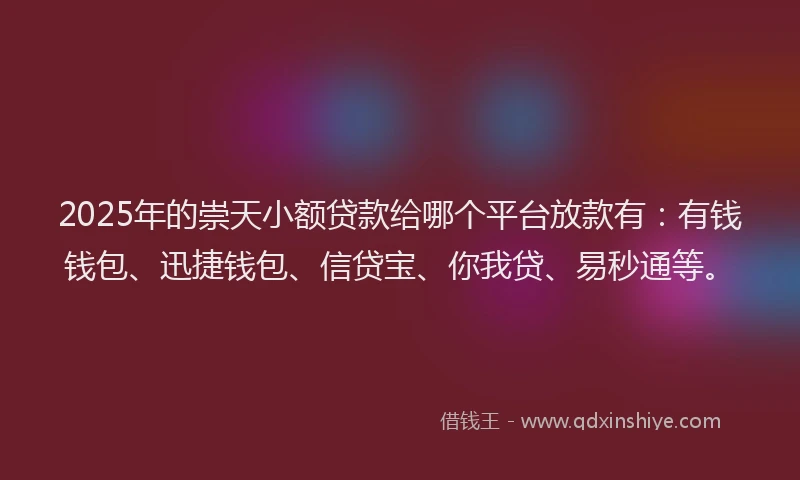 2025年的崇天小额贷款给哪个平台放款有：有钱钱包、迅捷钱包、信贷宝、你我贷、易秒通等。