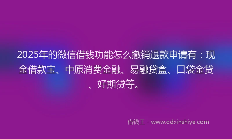 2025年的微信借钱功能怎么撤销退款申请有：现金借款宝、中原消费金融、易融贷盒、口袋金贷、好期贷等。