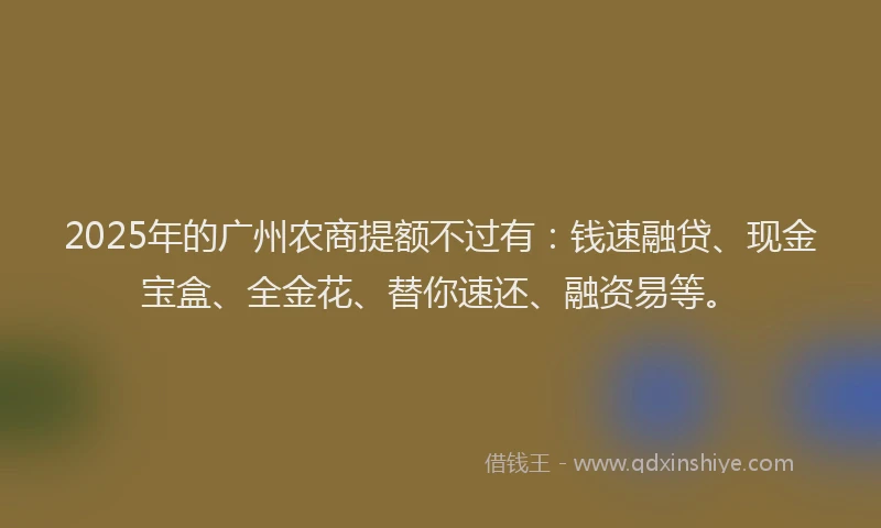 2025年的广州农商提额不过有：钱速融贷、现金宝盒、全金花、替你速还、融资易等。