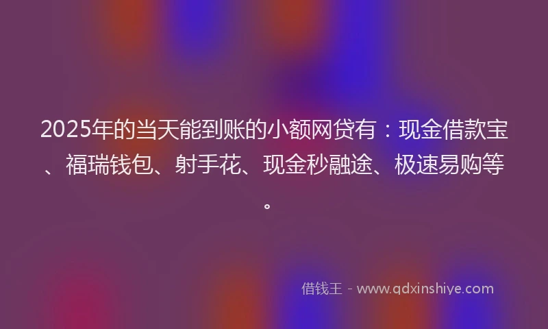 2025年的当天能到账的小额网贷有：现金借款宝、福瑞钱包、射手花、现金秒融途、极速易购等。