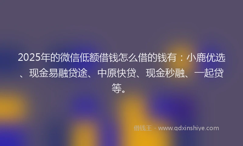 2025年的微信低额借钱怎么借的钱有：小鹿优选、现金易融贷途、中原快贷、现金秒融、一起贷等。