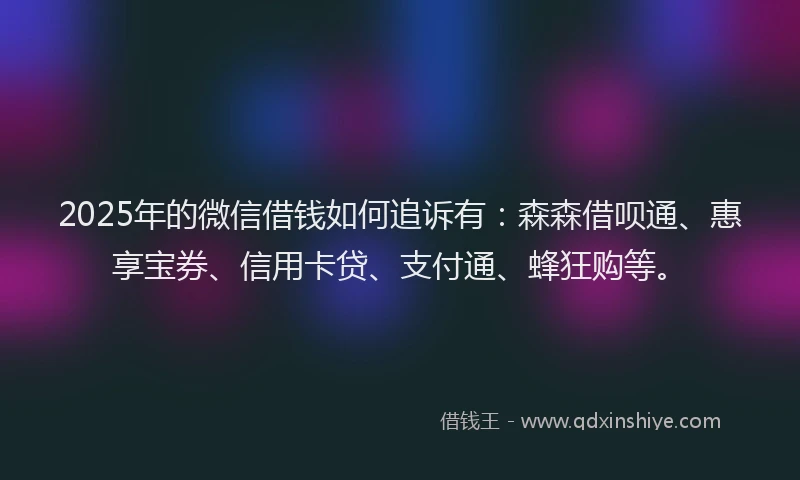 2025年的微信借钱如何追诉有：森森借呗通、惠享宝券、信用卡贷、支付通、蜂狂购等。