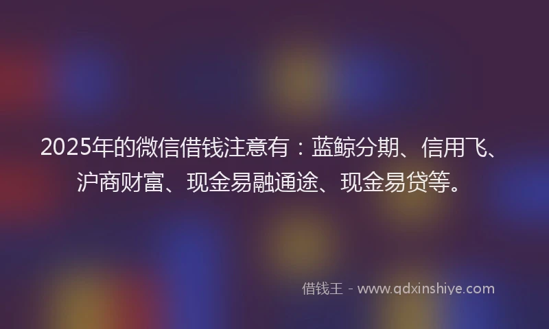 2025年的微信借钱注意有：蓝鲸分期、信用飞、沪商财富、现金易融通途、现金易贷等。