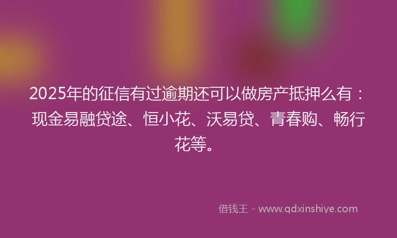 2025年的征信有过逾期还可以做房产抵押么有：现金易融贷途、恒小花、沃易贷、青春购、畅行花等。