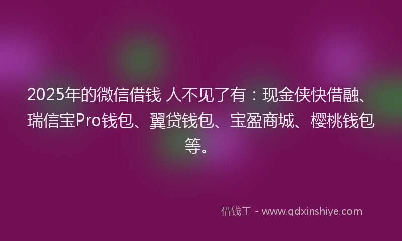 2025年的微信借钱 人不见了有：现金侠快借融、瑞信宝Pro钱包、翼贷钱包、宝盈商城、樱桃钱包等。