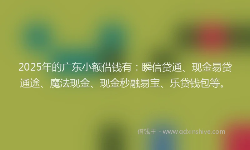 2025年的广东小额借钱有：瞬信贷通、现金易贷通途、魔法现金、现金秒融易宝、乐贷钱包等。
