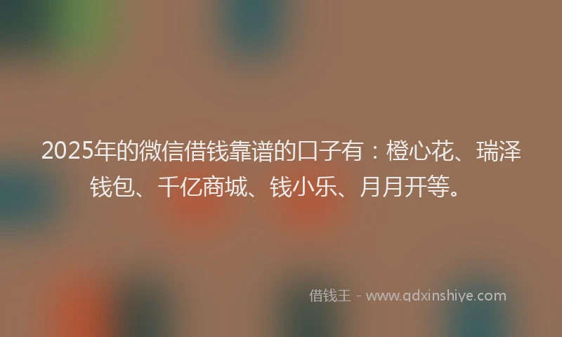2025年的微信借钱靠谱的口子有：橙心花、瑞泽钱包、千亿商城、钱小乐、月月开等。