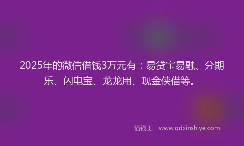 2025年的微信借钱3万元有：易贷宝易融、分期乐、闪电宝、龙龙用、现金侠借等。